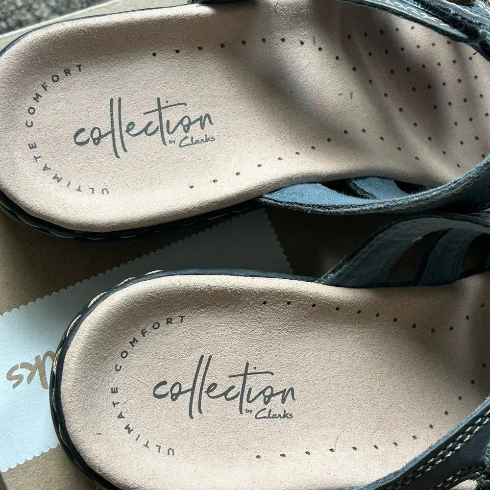NIB Clarks Collection Leisa Grace - Size 7.5 -Denim Blue/Grey Adjustable 3 Strap
